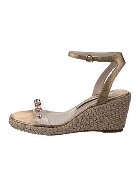 Sophia Webster Metallic Gold Wedge Sandals with Clear Studded Strap
